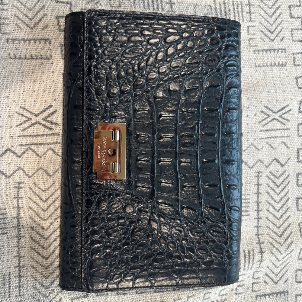Kate Spade Black Croc Embossed Clutch with Gold Hardware